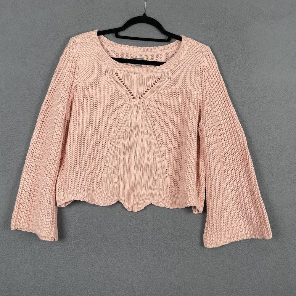Aerie Sweater Pullover Womens L Pink Chunky-Knit Bell Sleeve Crewneck